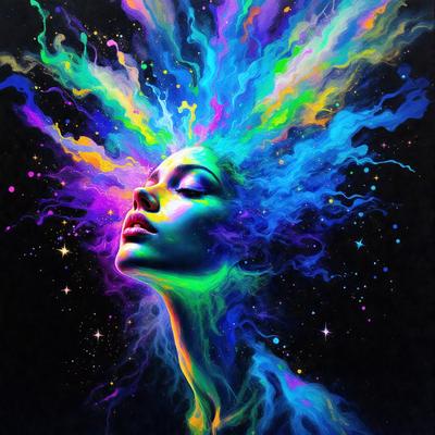 The primary subject of the image is a woman with a vibrant, colorful head of hair. She is the main focus of the image, and her unique and lively appearance is the center of attention. The setting or background of the image features a night sky, which adds to the overall atmosphere and visual style of the piece. The image is a digital art or illustration, showcasing the woman's vivid and colorful hair in a striking and eye-catching manner. The colors and mood of the image are